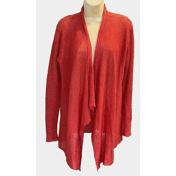 EILEEN FISHER Red 100% Linen Long Sleeve Open Front Knit Cardigan Sweater - Picture 1 of 8